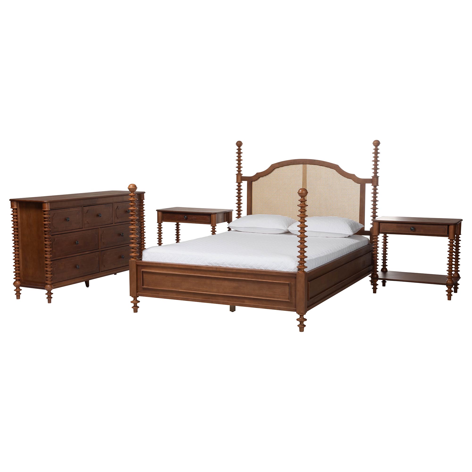 Baxton Studio Neviah 4-Piece Bedroom Set with 1-Drawer Nightstands, King, Walnut Brown
